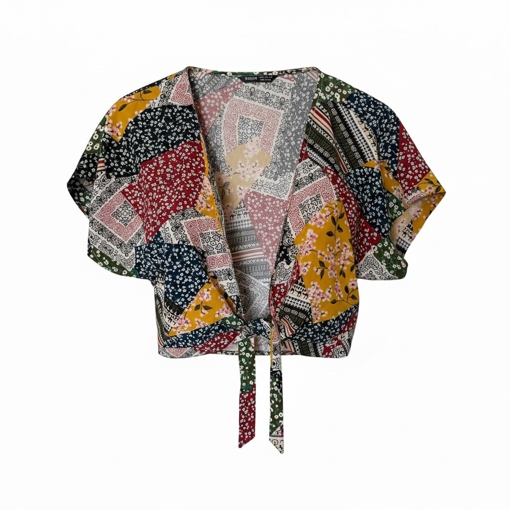 SHEIN Patchwork Tie Front Kimono Top Blouse Womens XL Yellow Floral festival